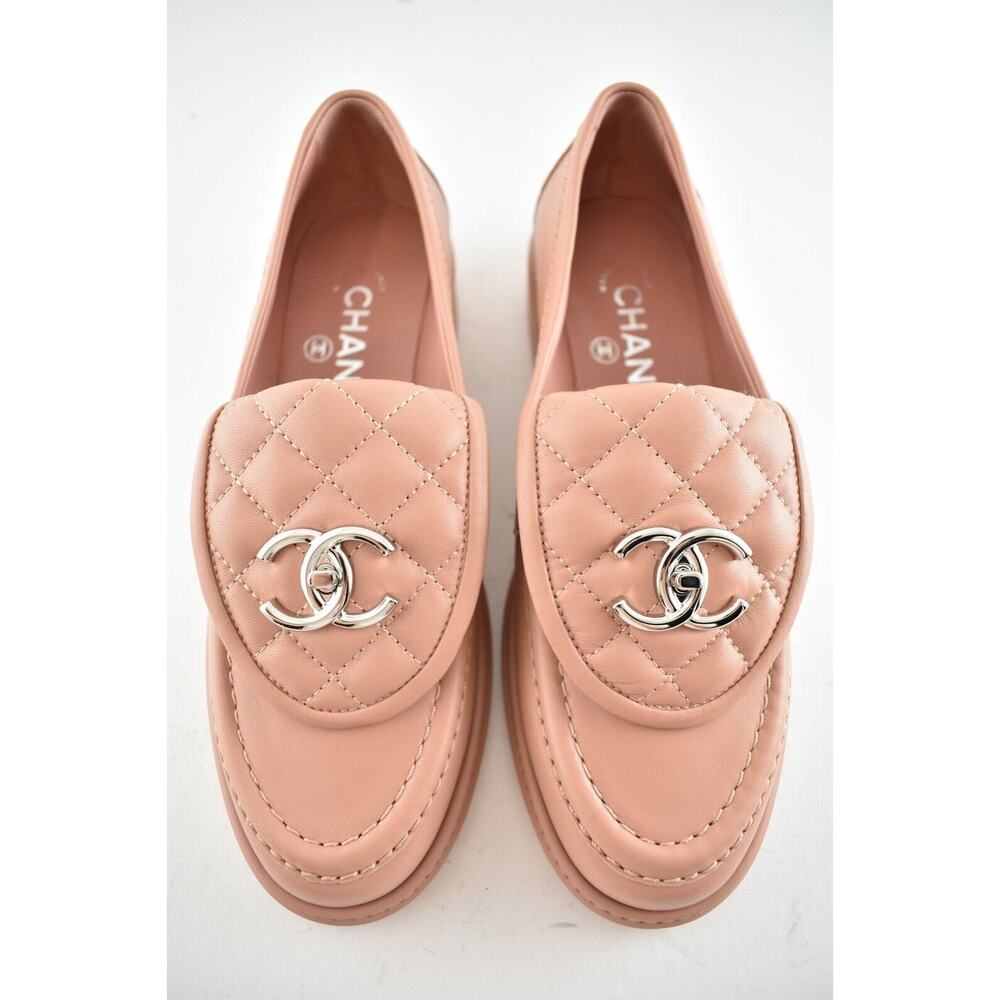 Chanel 21B Pink Silver Quilted Flap Turnlock CC Logo Mule Slip Flat Loafer 39.5 - Picture 5 of 11